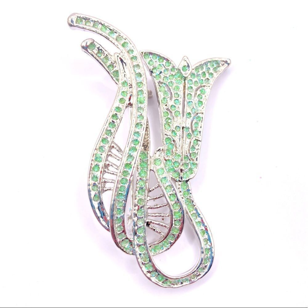 Silver Flower Brooch Green Glitter Lapel Shirt Pin